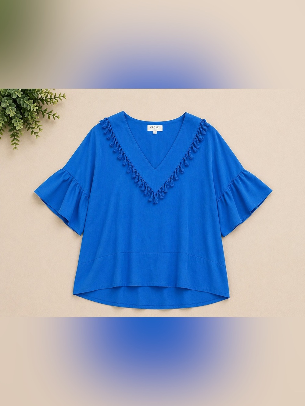 Crosby by Mollie Burch Blue Fringe V-Neck Tunic Blouse | Flowy Summer Top Size S
